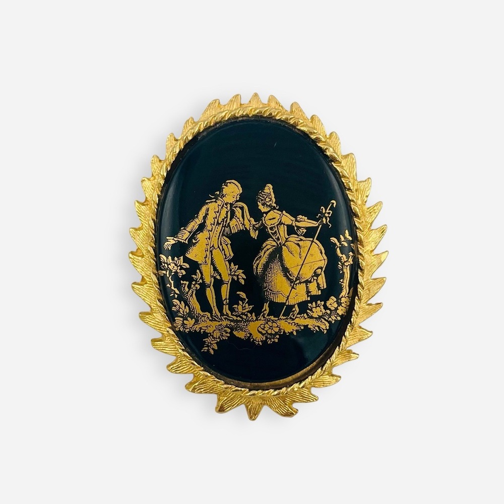 Vintage Courting Couple‎ Brooch Gold Tone Black Filigree Dodds